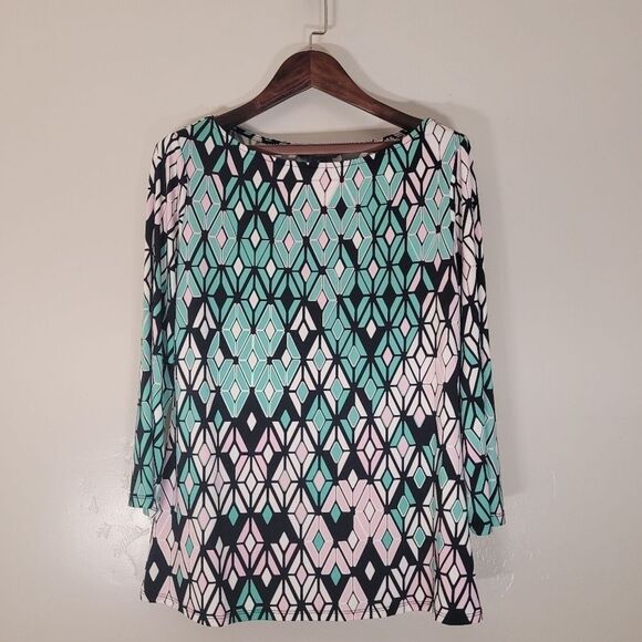 Market & Spruce Blouse Womens Medium 3/4 Sleeve Geometric Careerwear - Picture 1 of 9